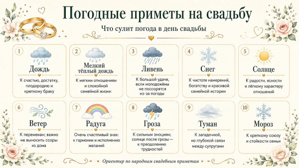Гид по свадебным приметам для невесты и жениха: что можно и нельзя делать, выбор даты, погода и обряды Гид по свадебным приметам для невесты и жениха: что можно и нельзя делать, выбор даты, погода и обряды