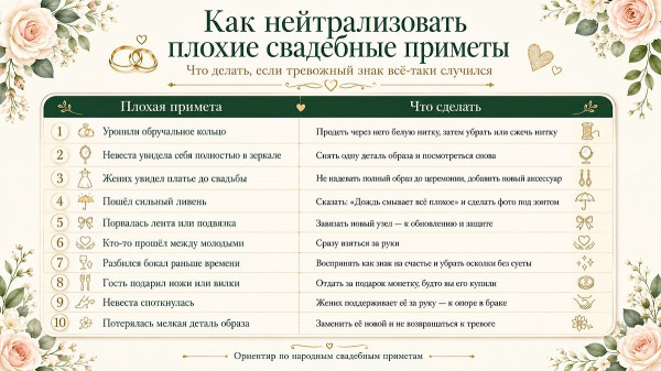 Гид по свадебным приметам для невесты и жениха: что можно и нельзя делать, выбор даты, погода и обряды Гид по свадебным приметам для невесты и жениха: что можно и нельзя делать, выбор даты, погода и обряды
